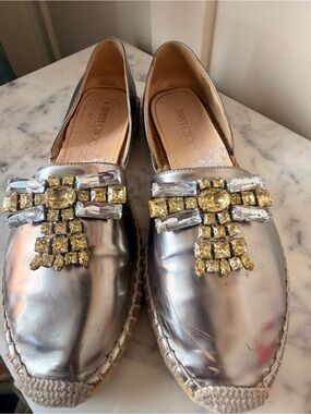 Jimmy Choo Silver Metallic Jeweled Espadrille Mules